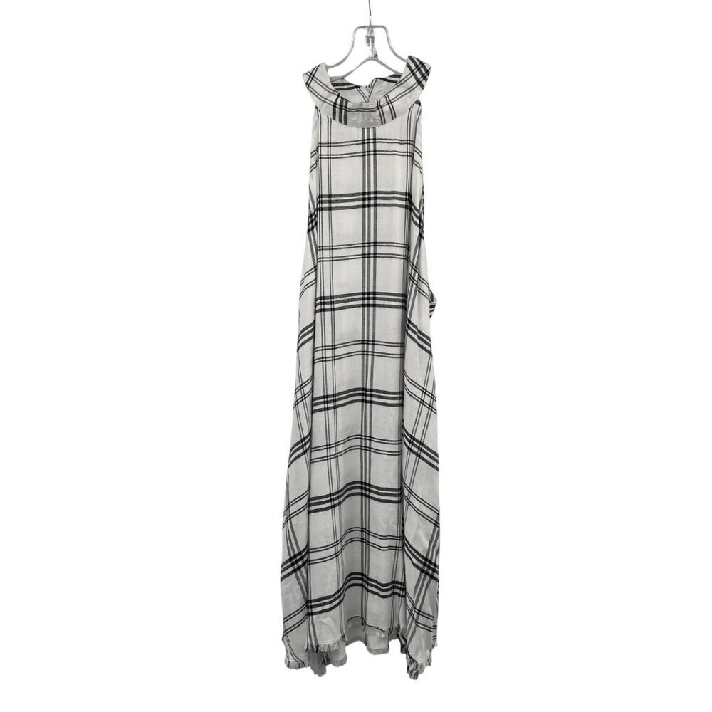Mud Pie Womens Plaid Shift Dress Sleeveless Frayed White/Black Size Large